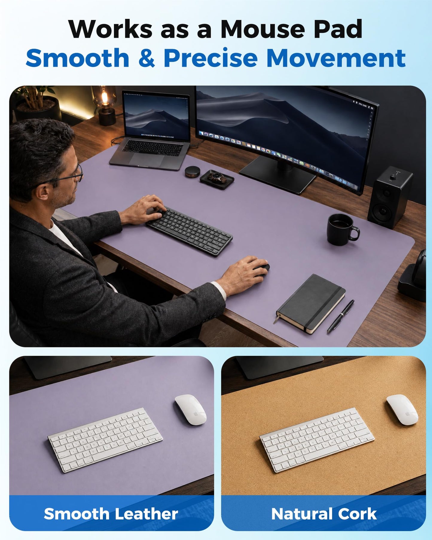 Aothia Dual-Sided Desk Mat, FSC Cork & PU Leather Desk Pad, Large Mouse Pad & Writing Surface for