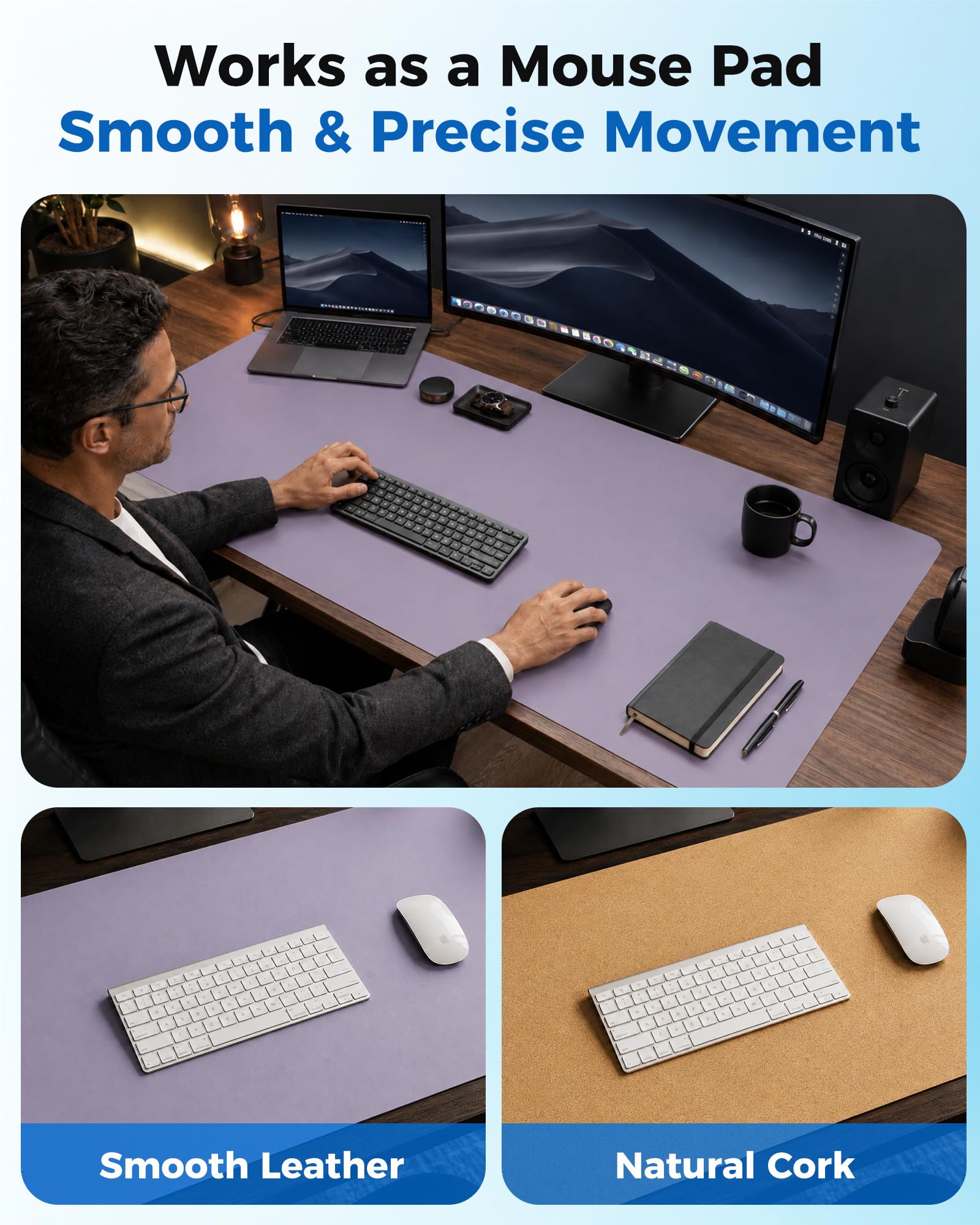 Aothia Dual-Sided Desk Mat, FSC Cork & PU Leather Desk Pad, Large Mouse Pad & Writing Surface for