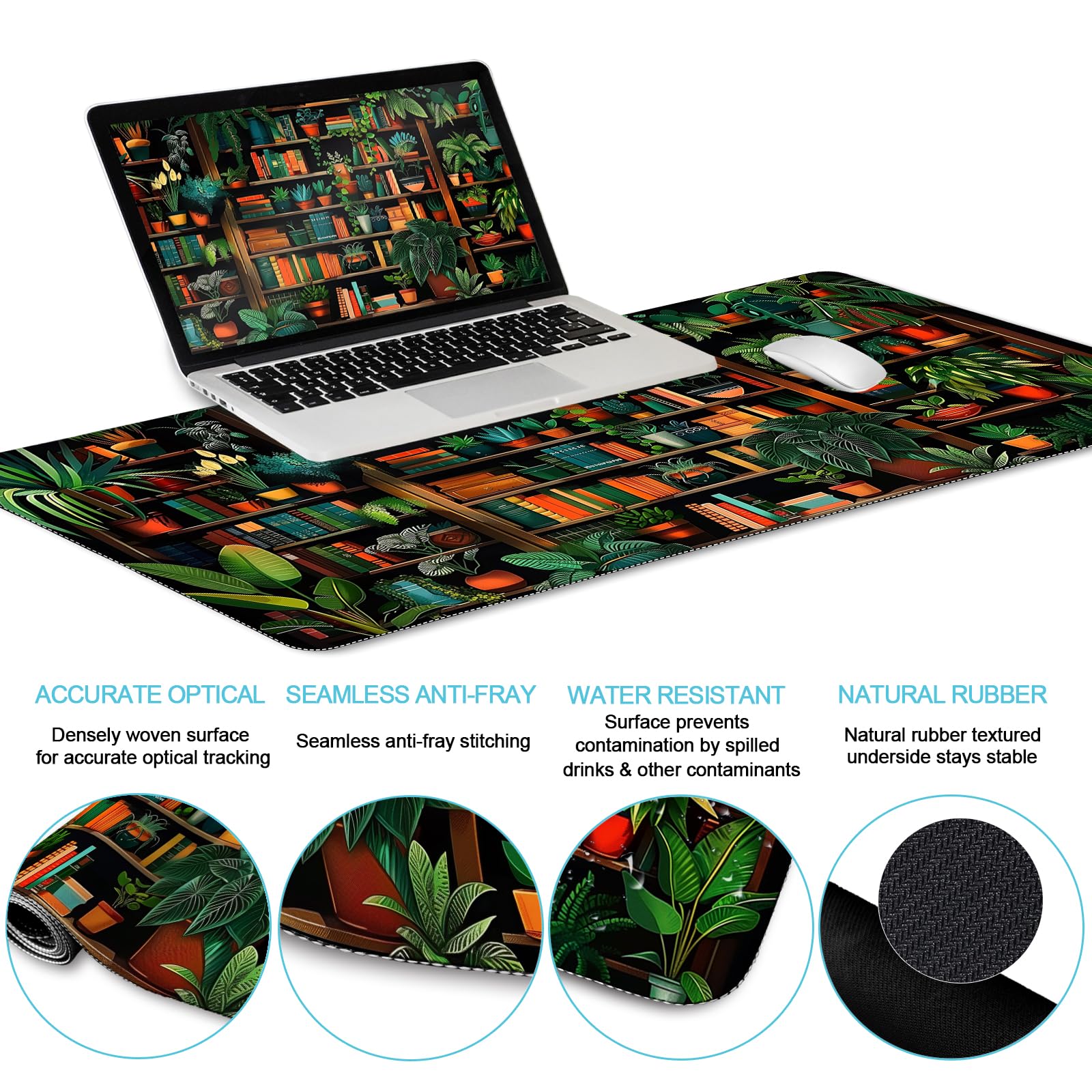 LIMKRIAN Bookshelf Mouse Pad with Wrist Rest, Plant Desk Mat Set Decor