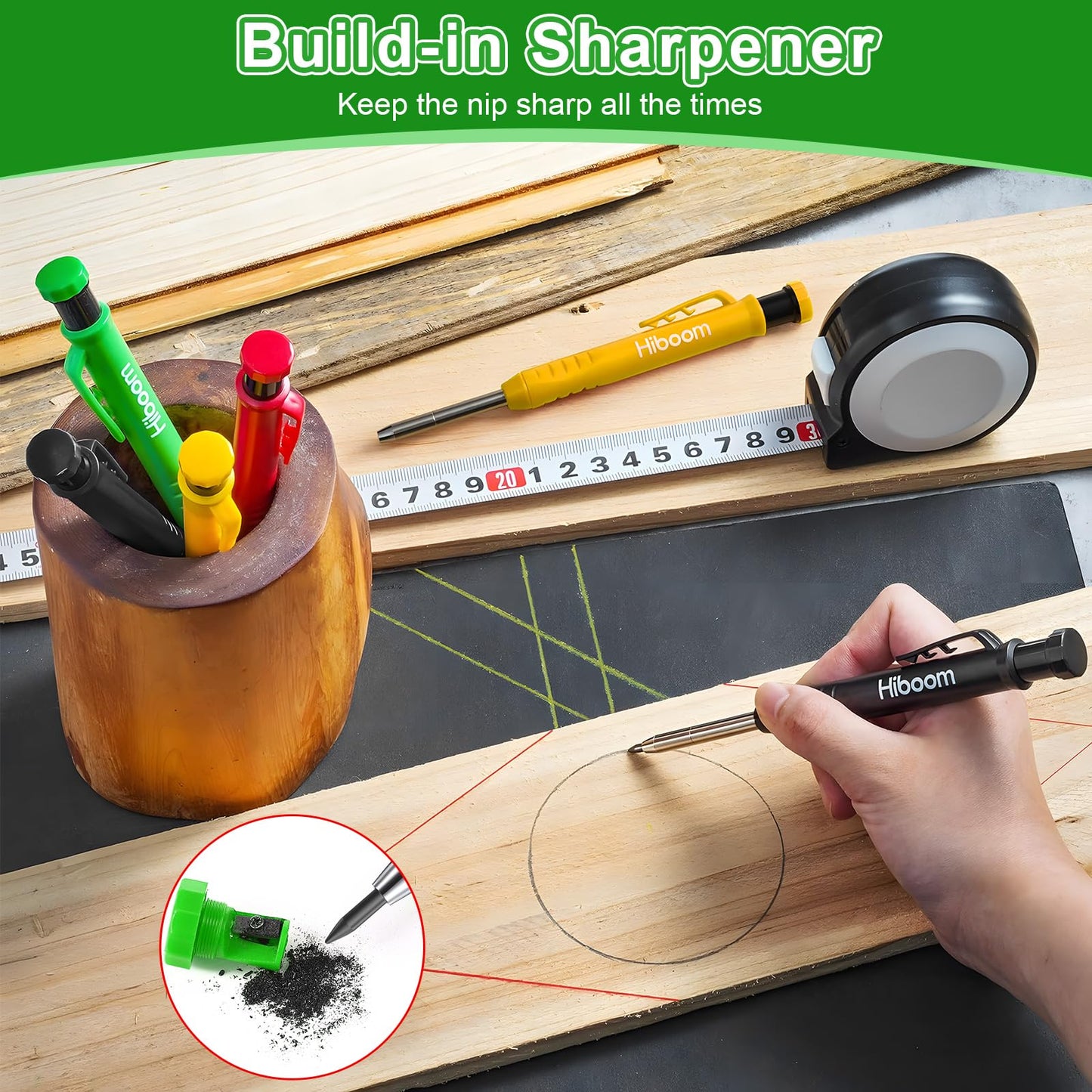 Hiboom 4 Pack Carpenter Pencil with 36 Refills Built In Sharpener (Green)