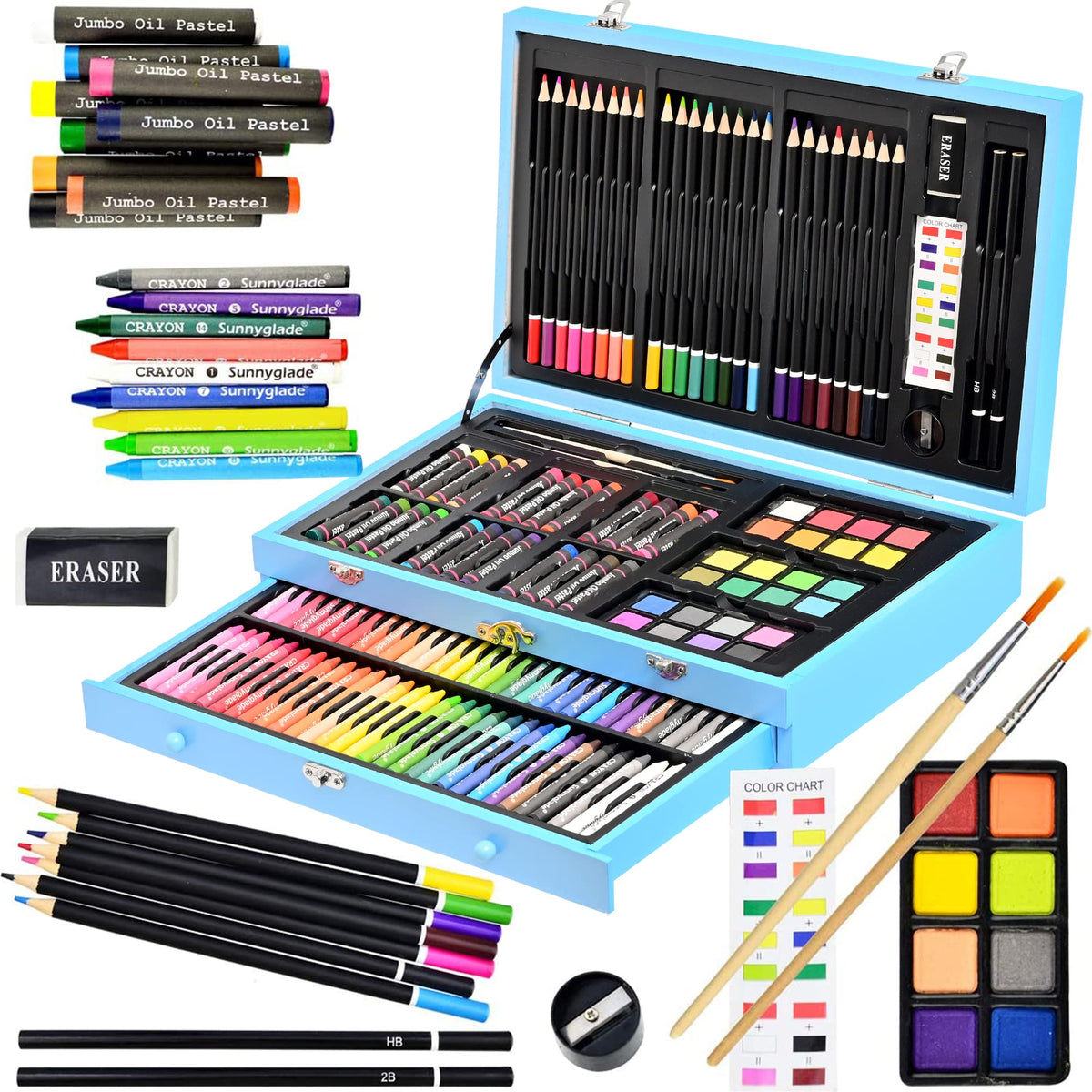 Sunnyglade 145 Piece Deluxe Art Set Wooden Art Box & Drawing Kit Blue