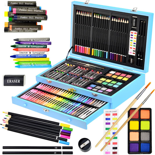 Sunnyglade 145 Piece Deluxe Art Set Wooden Art Box & Drawing Kit Blue
