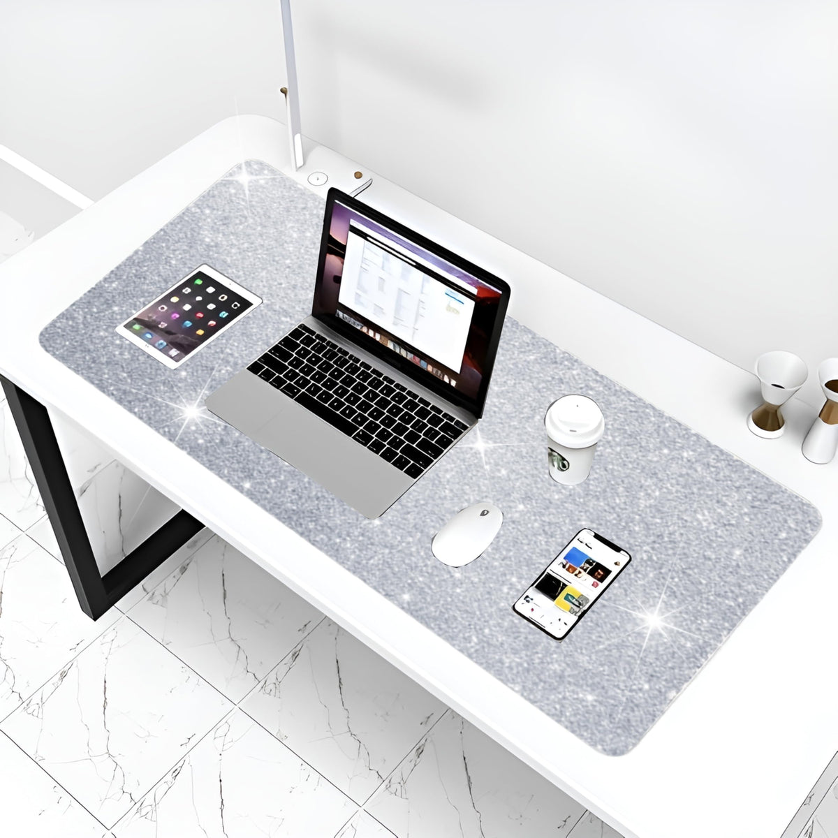 Silver Glitter Mouse Pad for Women - Diamond Bling Desk Accessory, Non-Slip Rubber Base, Large