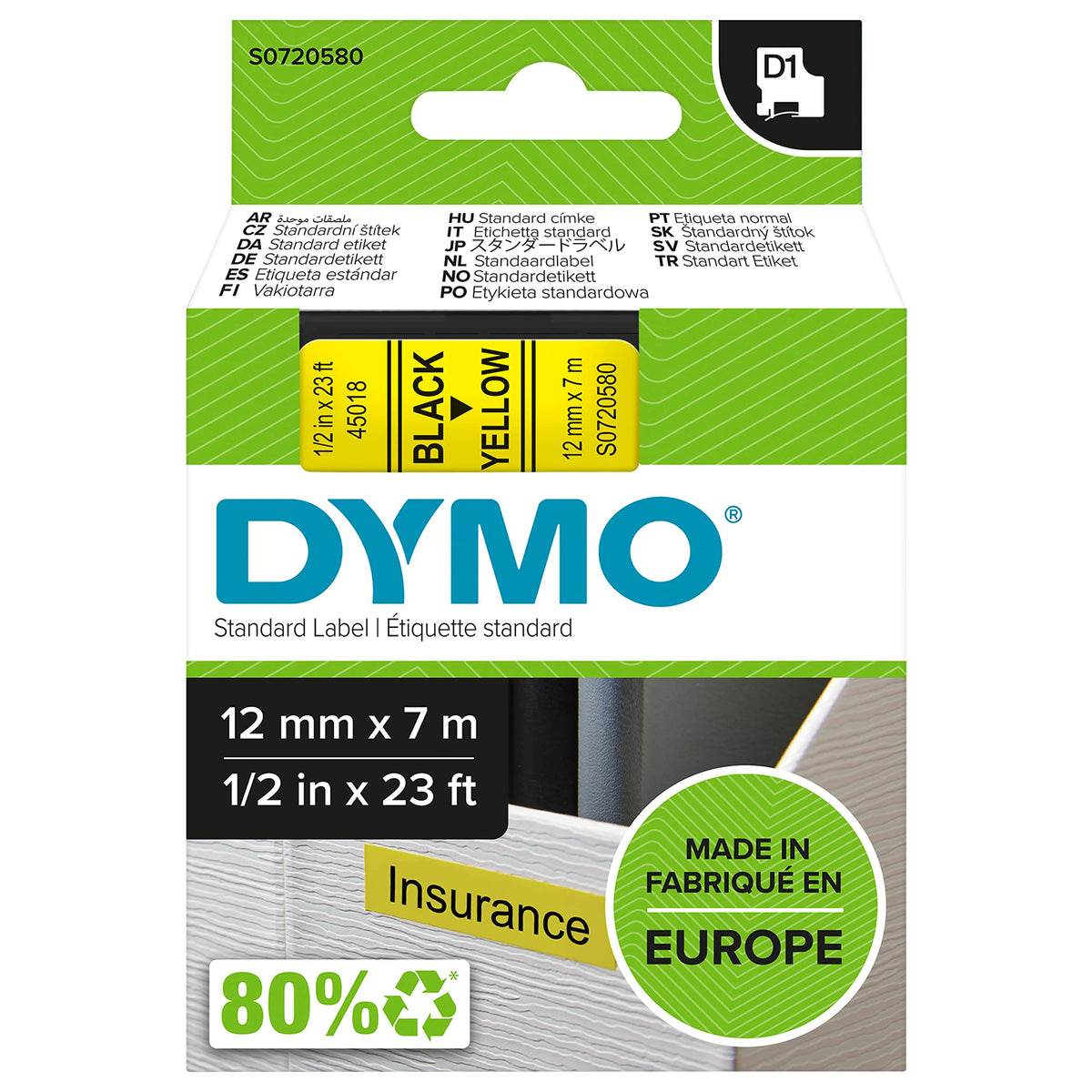 DYMO Authentic D1 Labels Black Print on Yellow Tape 12 mm x 7 m Self-Adhesive Labels for