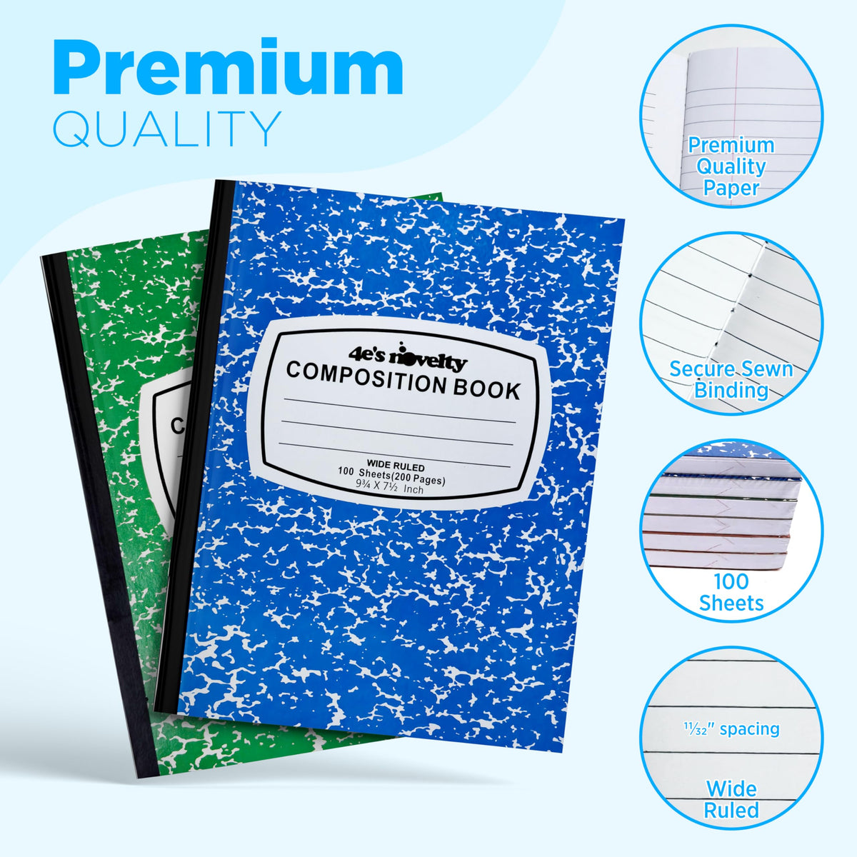 4E's Novelty Wide Ruled Composition Notebooks - Pack of 3-100 Sheets 9.75" x 7.5" - Hard Cover Red