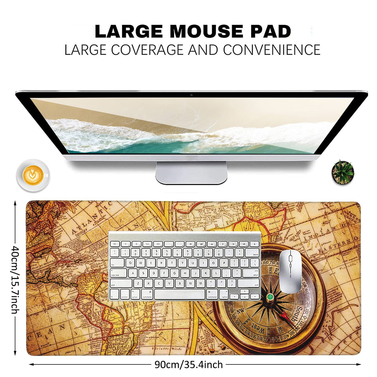 Vintage Compass Lies on Ancient World Map Extended Gaming Mouse Pad Large Desk Mat with Non-Slip