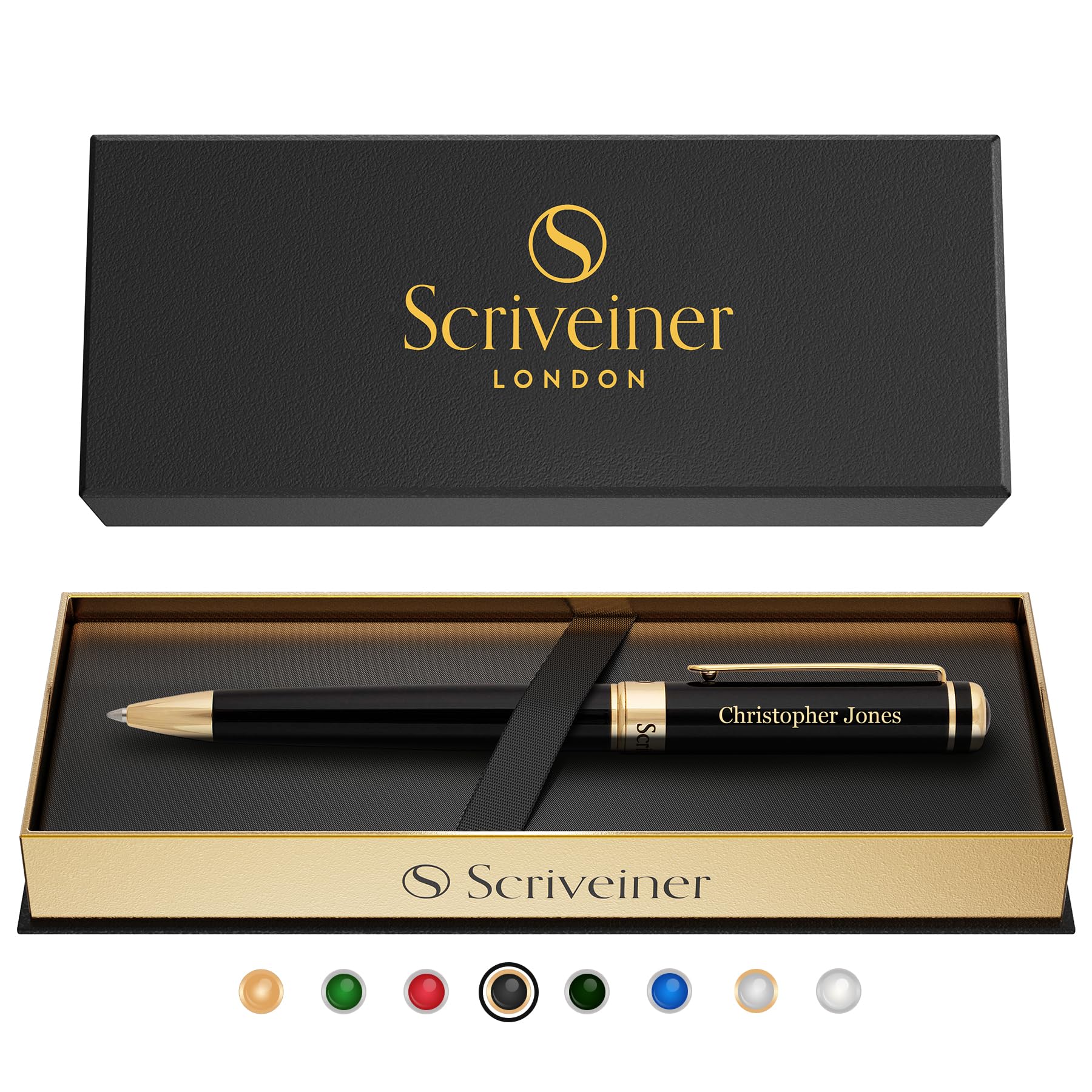 Scriveiner Personalized Black Ballpoint Pen - Stunning Luxury Pen, Jet Black Lacquer, Real Gold