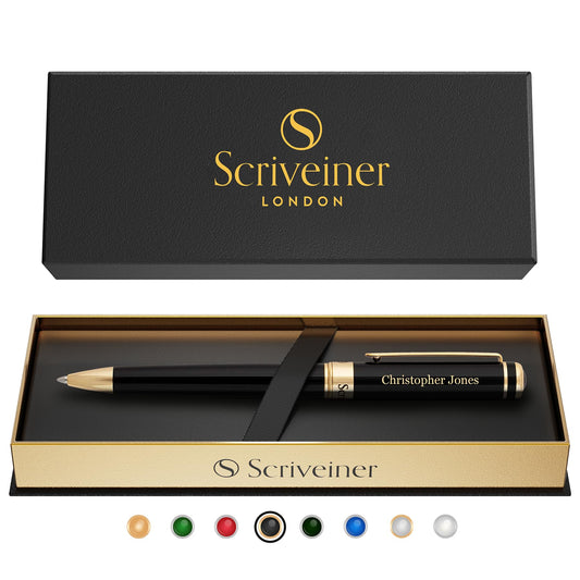 Scriveiner Personalized Black Ballpoint Pen - Stunning Luxury Pen, Jet Black Lacquer, Real Gold