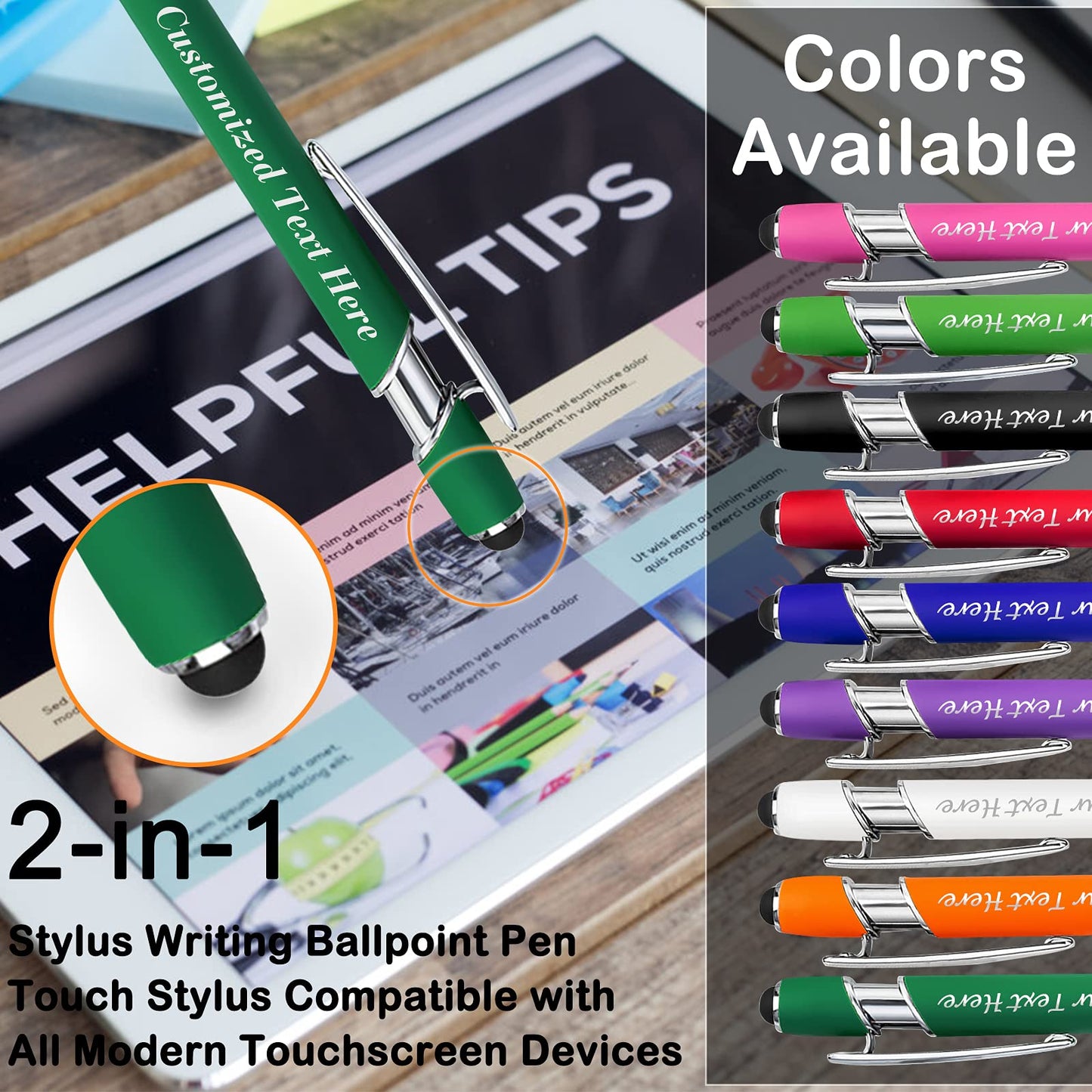 10 Pcs Personalized Pens in Bulk with Stylus Tip - Custom Print with Name 0.5 mm Soft Touch Medium