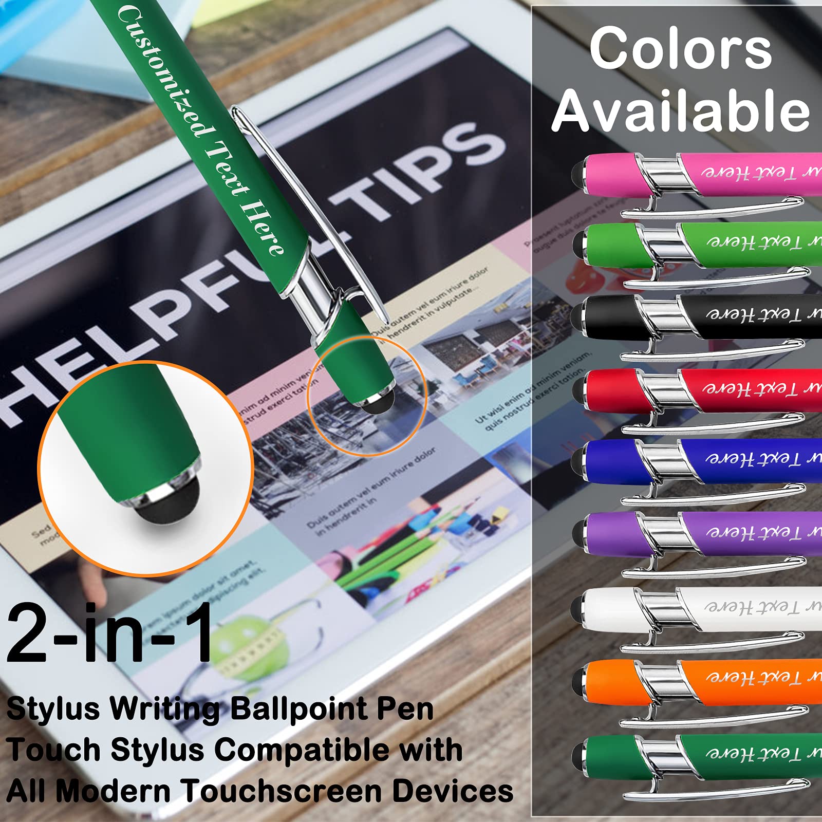 10 Pcs Personalized Pens in Bulk with Stylus Tip - Custom Print with Name 0.5 mm Soft Touch Medium
