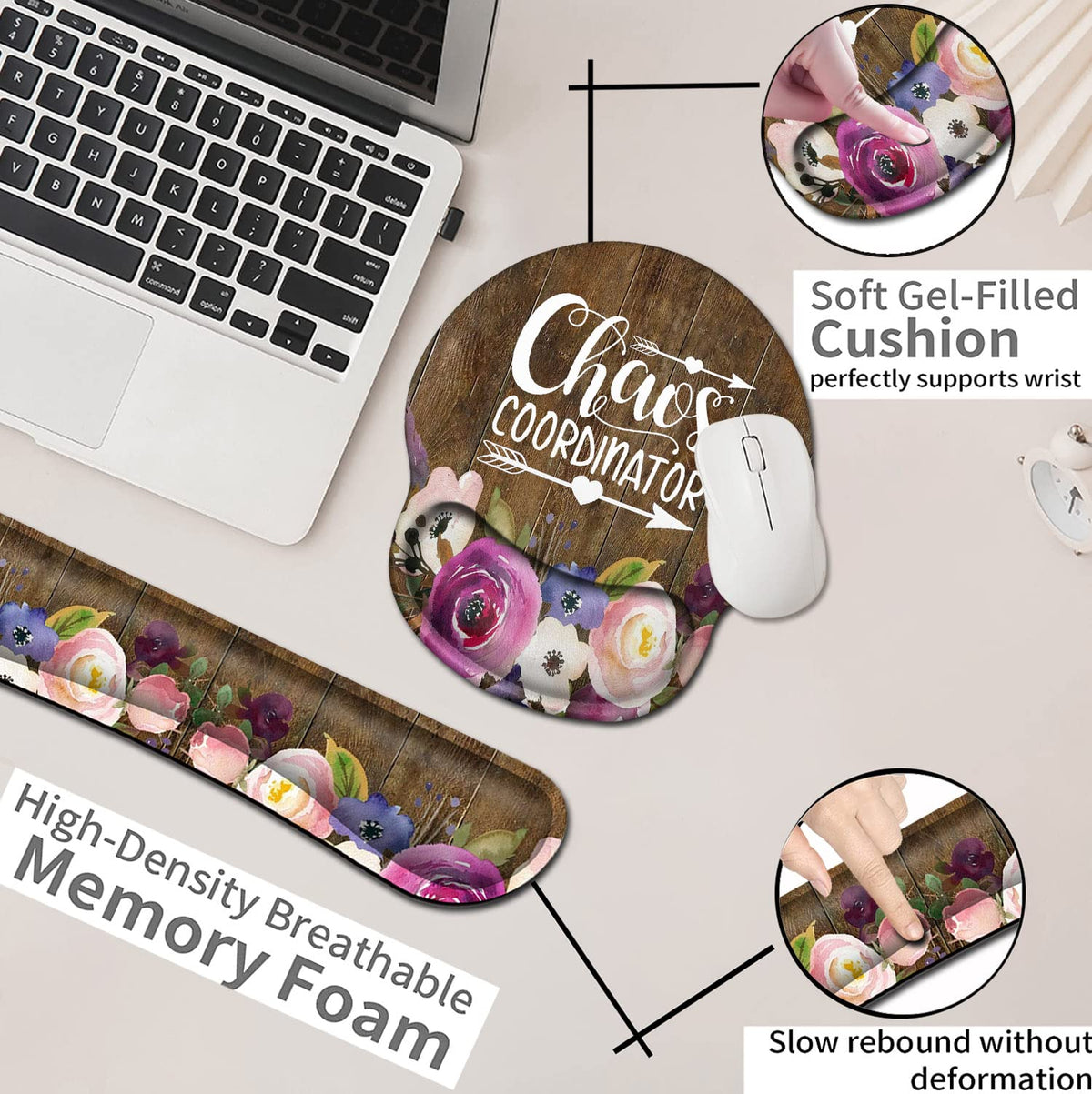 Chaos Coordinator Quotes Vintage Watercolor Floral Mouse Pad - Wrist Guard and Keyboard Wrist Rest