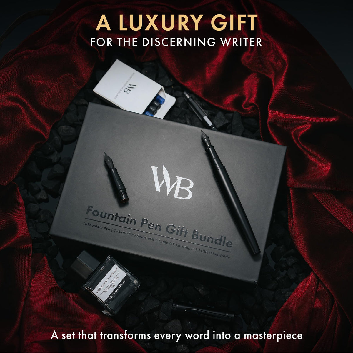Wordsworth & Black Fountain Pen Gift Set, Medium & Extra Fine Nib,All Black