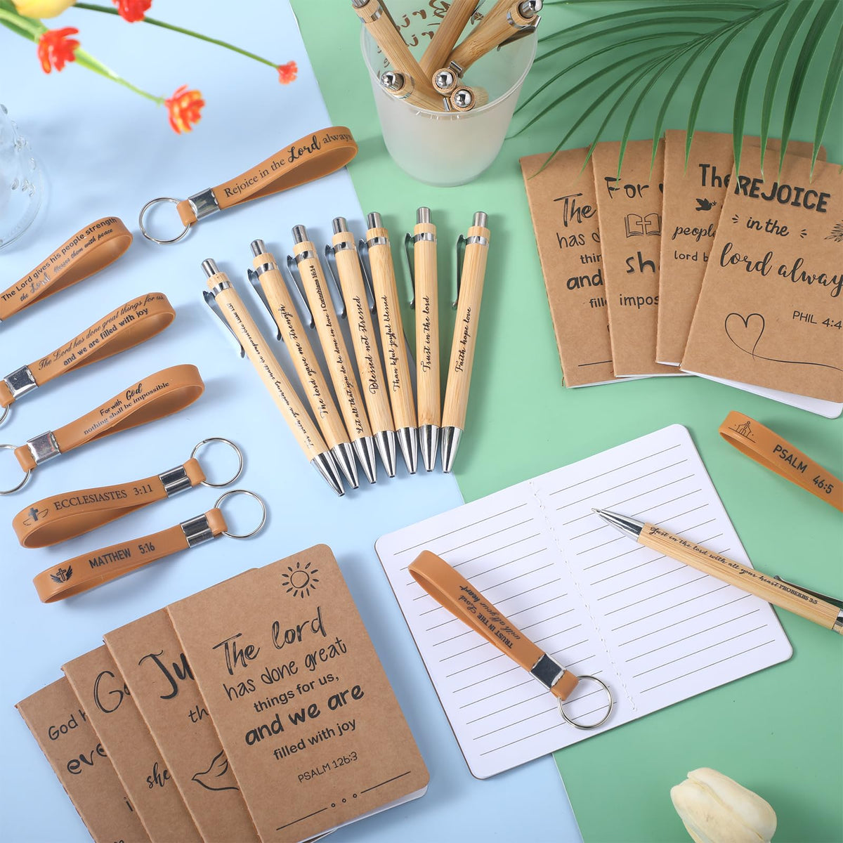 PerKoop 48 Pcs Christian Party Favors 3 x 5 Inch Religious Notepads Pens Bible Verse Keychains Bulk