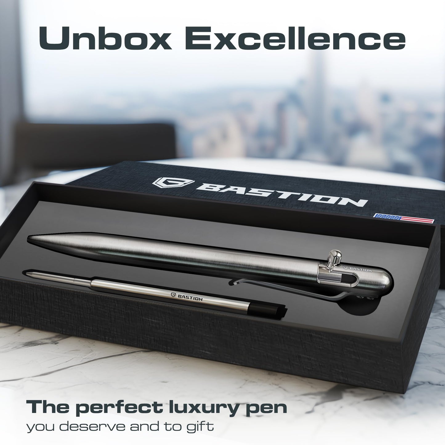 BASTION Bolt Action Pen, Stainless Steel Silver Slim, HyperBolt & ZeroSeam EDC Pen, Refillable