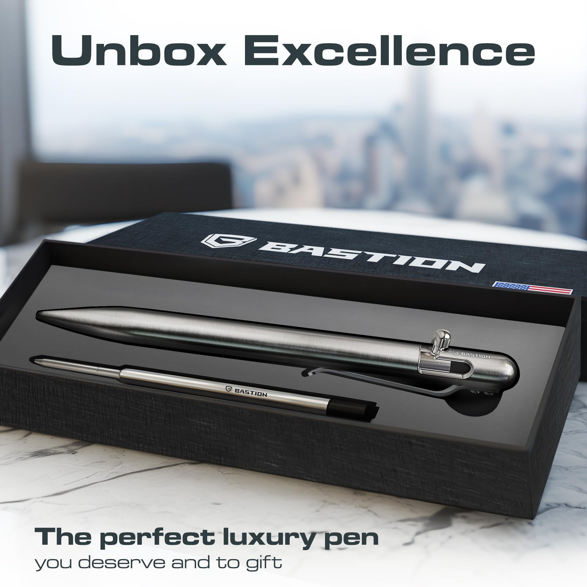 BASTION Bolt Action Pen, Stainless Steel Silver Slim, HyperBolt & ZeroSeam EDC Pen, Refillable