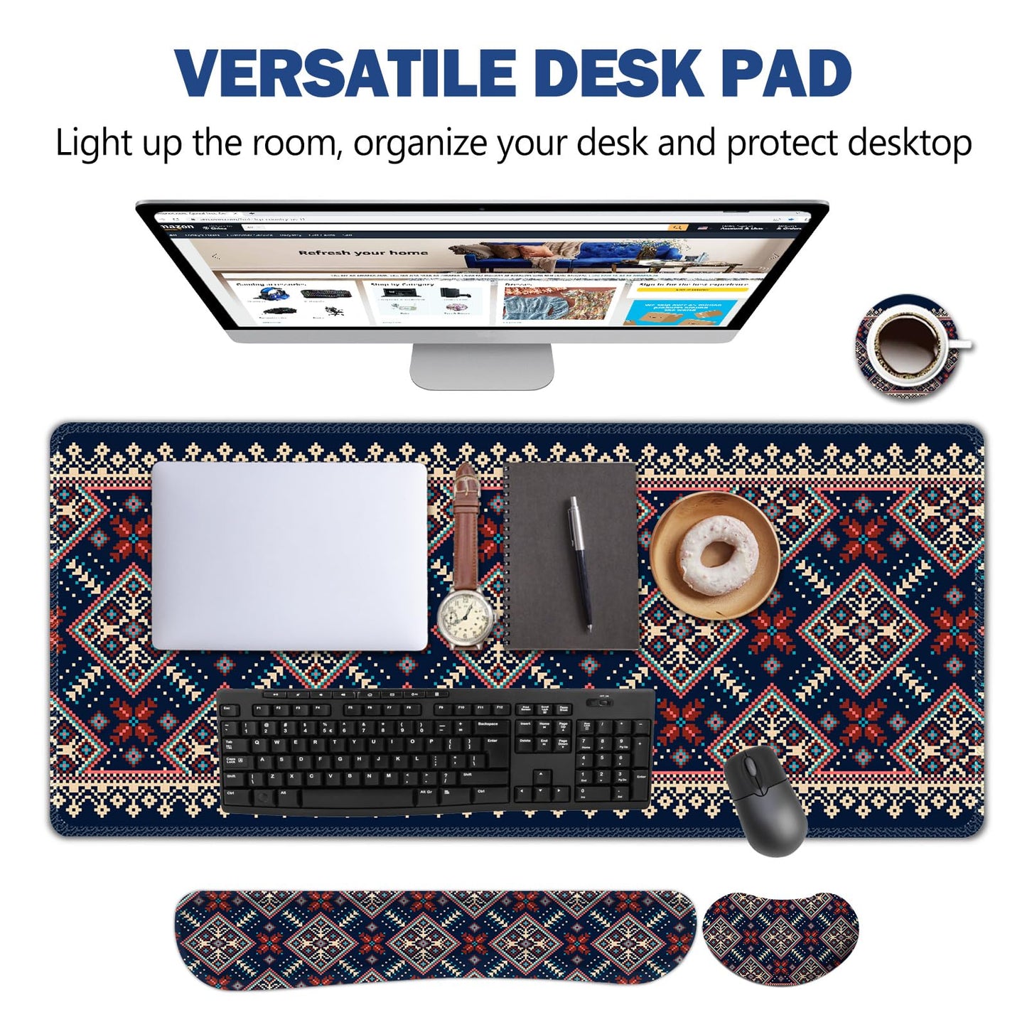 AIMSA Desk Mat Set Bohemian, Large Mouse Pad + Mouse Wrist Rest + Keyboard Wrist Support + Coaster