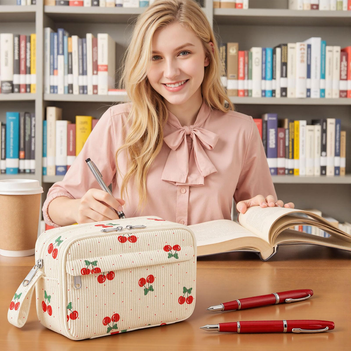 WOBAGMEN Cute Pencil Case,Large Corduroy Zippered Pencil Case Pouch, Aesthetic Pencil Bag with