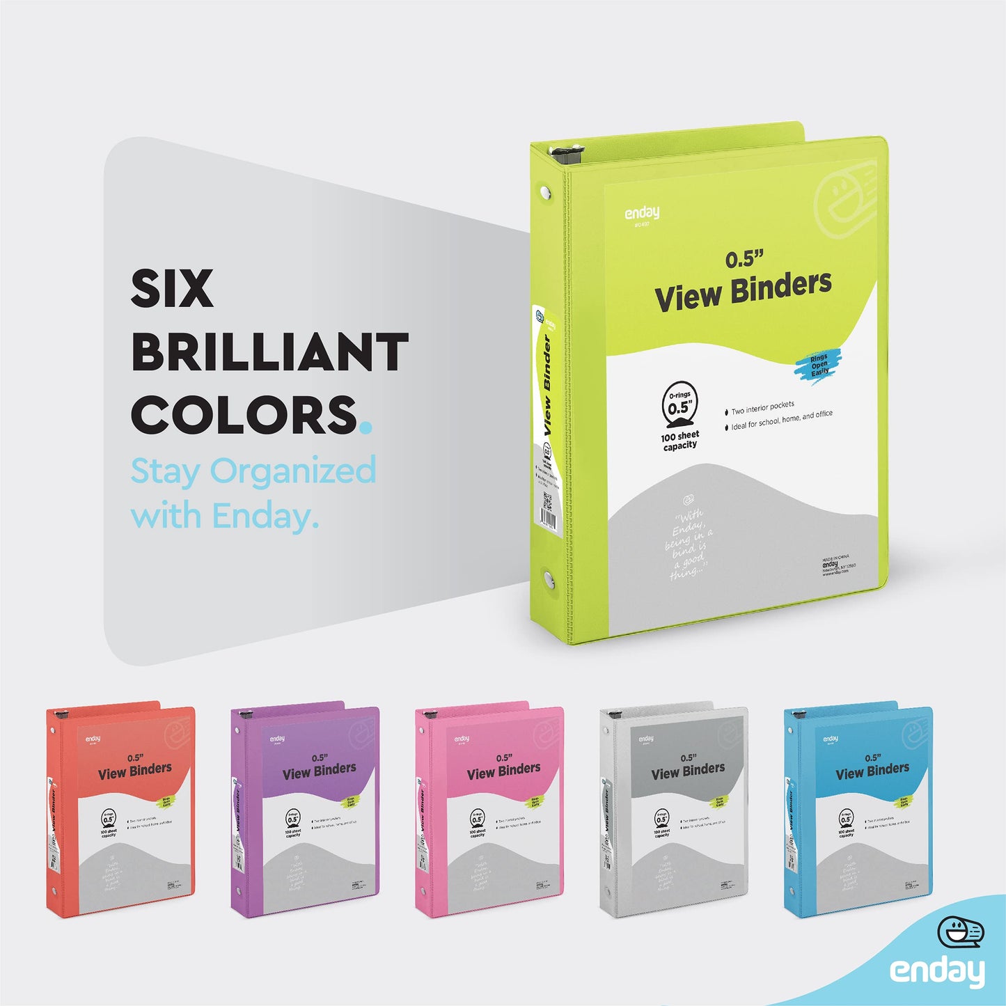 Enday 1/2 inch Binder 3 Ring Binder (6 Pack - Assorted Colors) O-Ring Binder with Clear View Cover