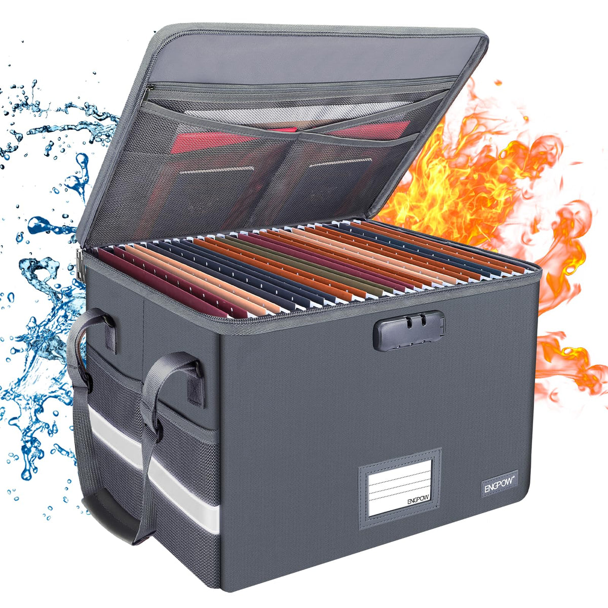 ENGPOW File Box with Lock, Fireproof Document Box with Zipper Lid, Collapsible File Organizer