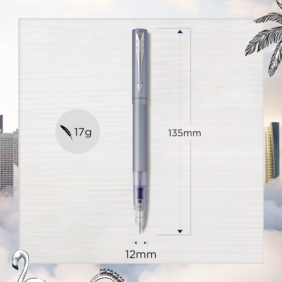Parker Vector XL Fountain Pen | Metallic Silver-Blue Lacquer on Brass | Medium Nib with Blue Ink