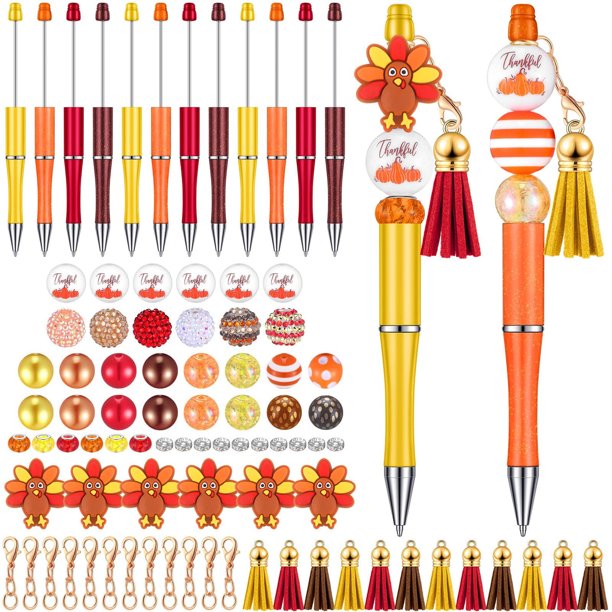 Jutom 12 Thanksgiving Bead Pens DIY Kit 50 Beads 12 Tassels Turkey Pendants