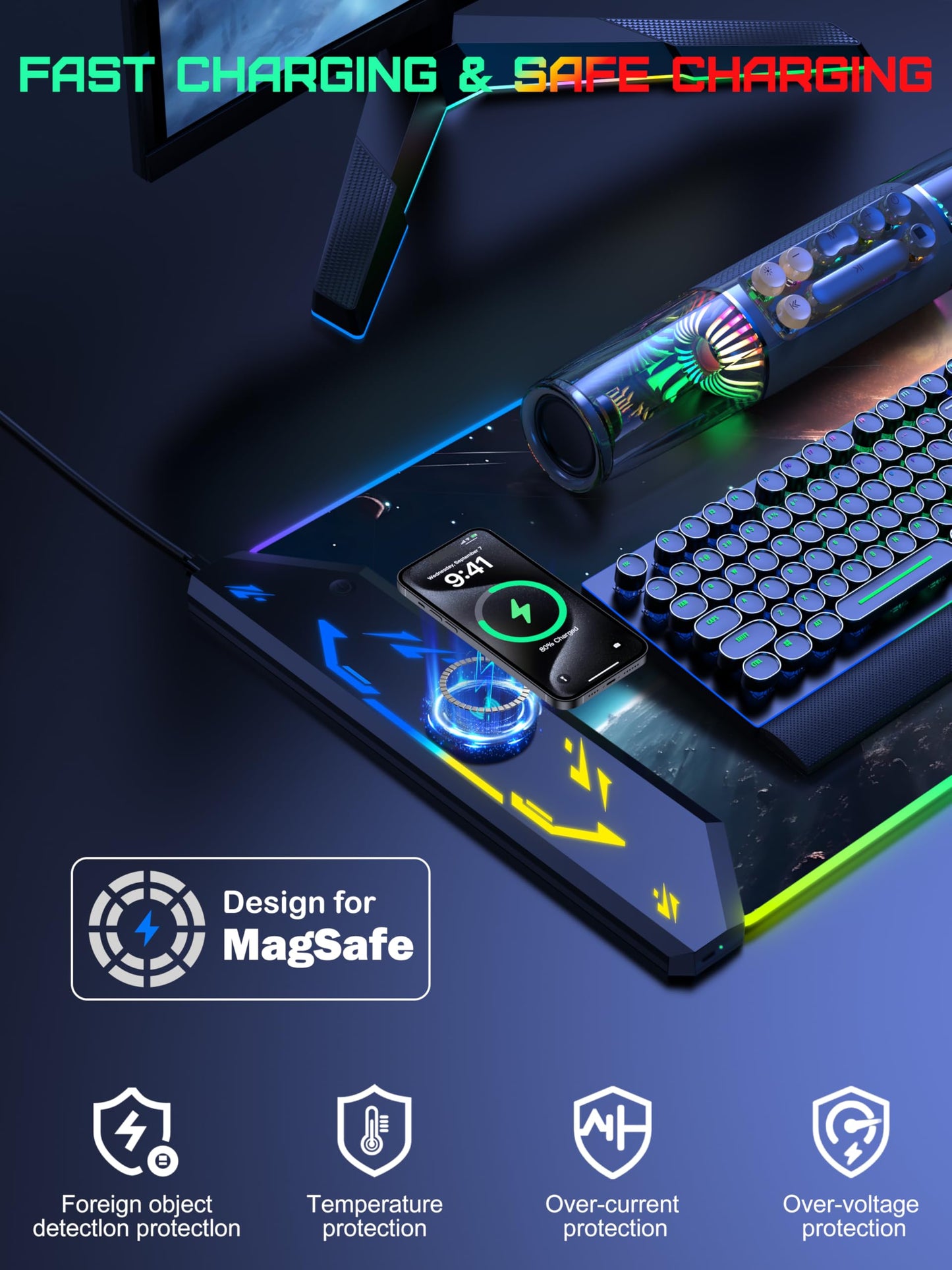 5-in-1 RGB Mouse Pad with Wireless Charging, Gaming Desk Mat, Cosmic Planet