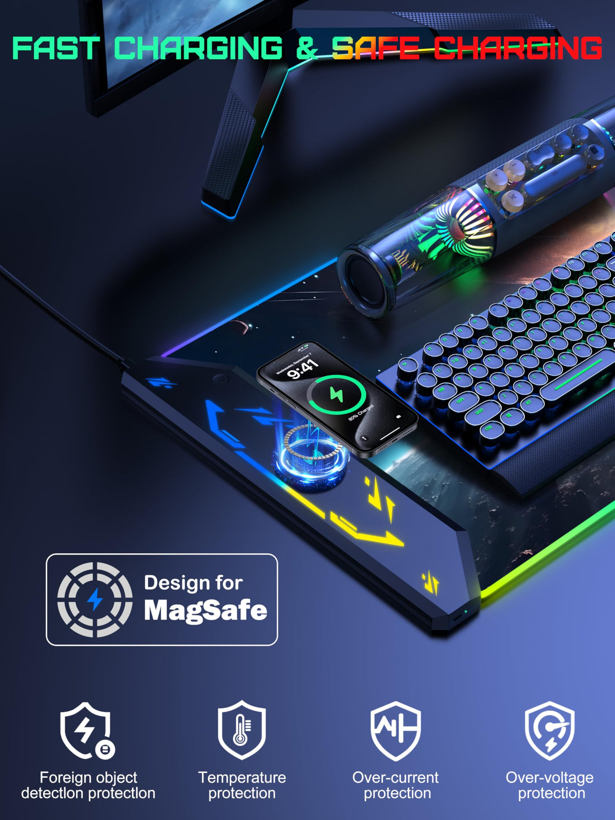 5-in-1 RGB Mouse Pad with Wireless Charging, Gaming Desk Mat, Cosmic Planet