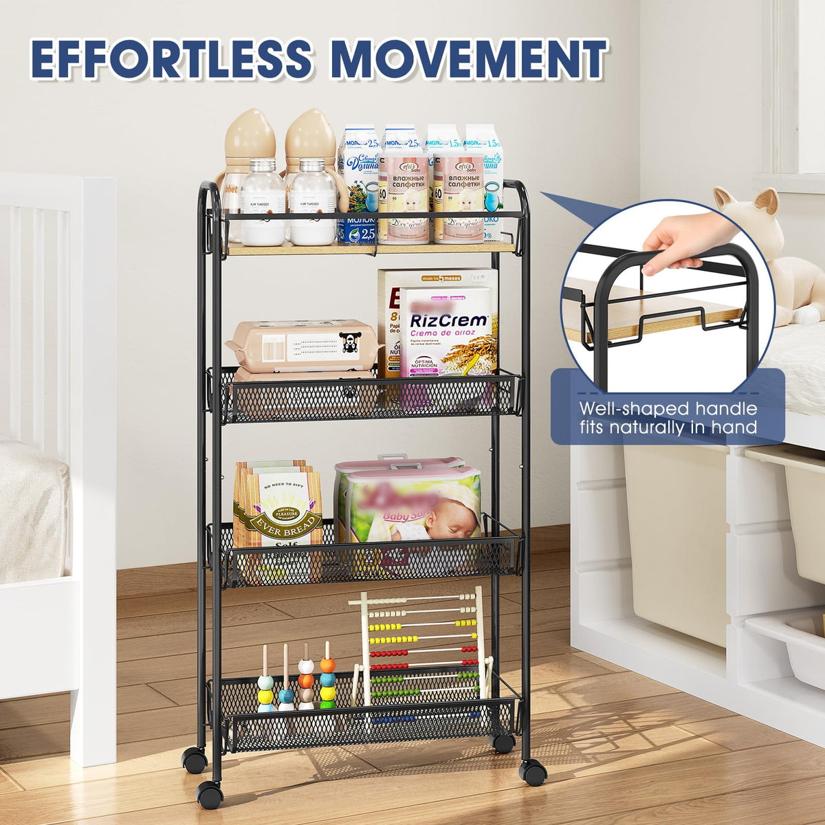 TOOLF 4-Tier Rolling Cart, Metal Utility Cart, Slide Out Storage Cart with Wooden Tabletop and Mesh
