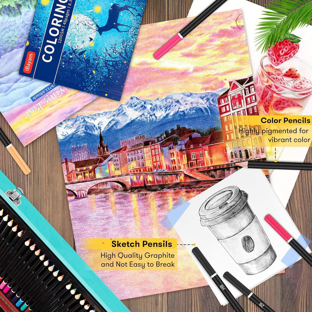 iBayam 150-Pack Deluxe Art Supplies with 1 Coloring Book, 2 Sketch Pads