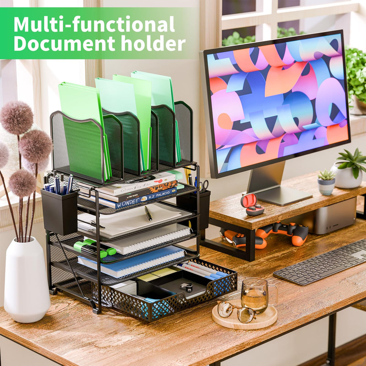 Simple Trending 5 Tier Mesh Desk File Organizer, Paper Letter Tray File Holder with Sliding Drawer