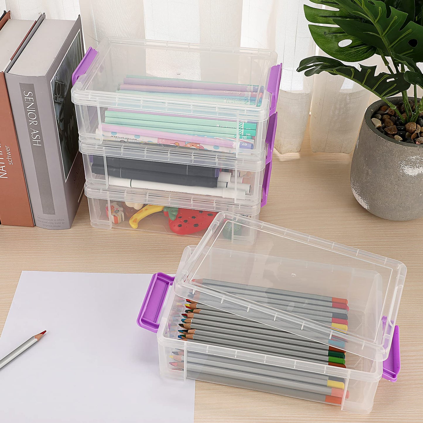 BTSKY 4 Pack Extra Large Plastic Pencil Box Stackable, Translucent, Purple