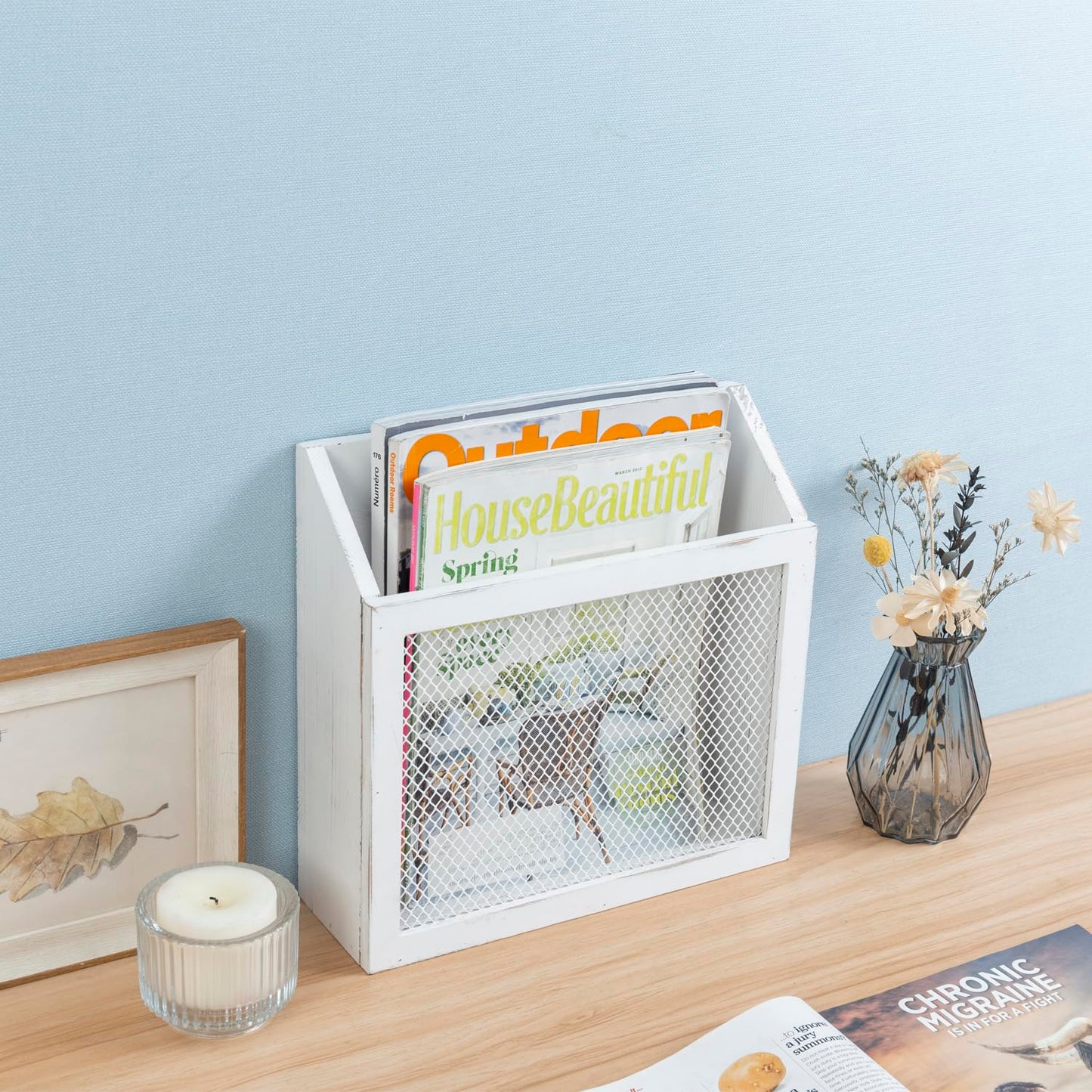MyGift White Wood Magazine Holder, Chicken Wire Wall Mounted Mail Sorter