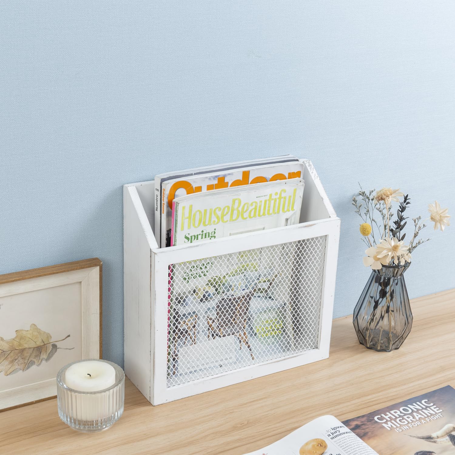 MyGift White Wood Magazine Holder, Chicken Wire Wall Mounted Mail Sorter