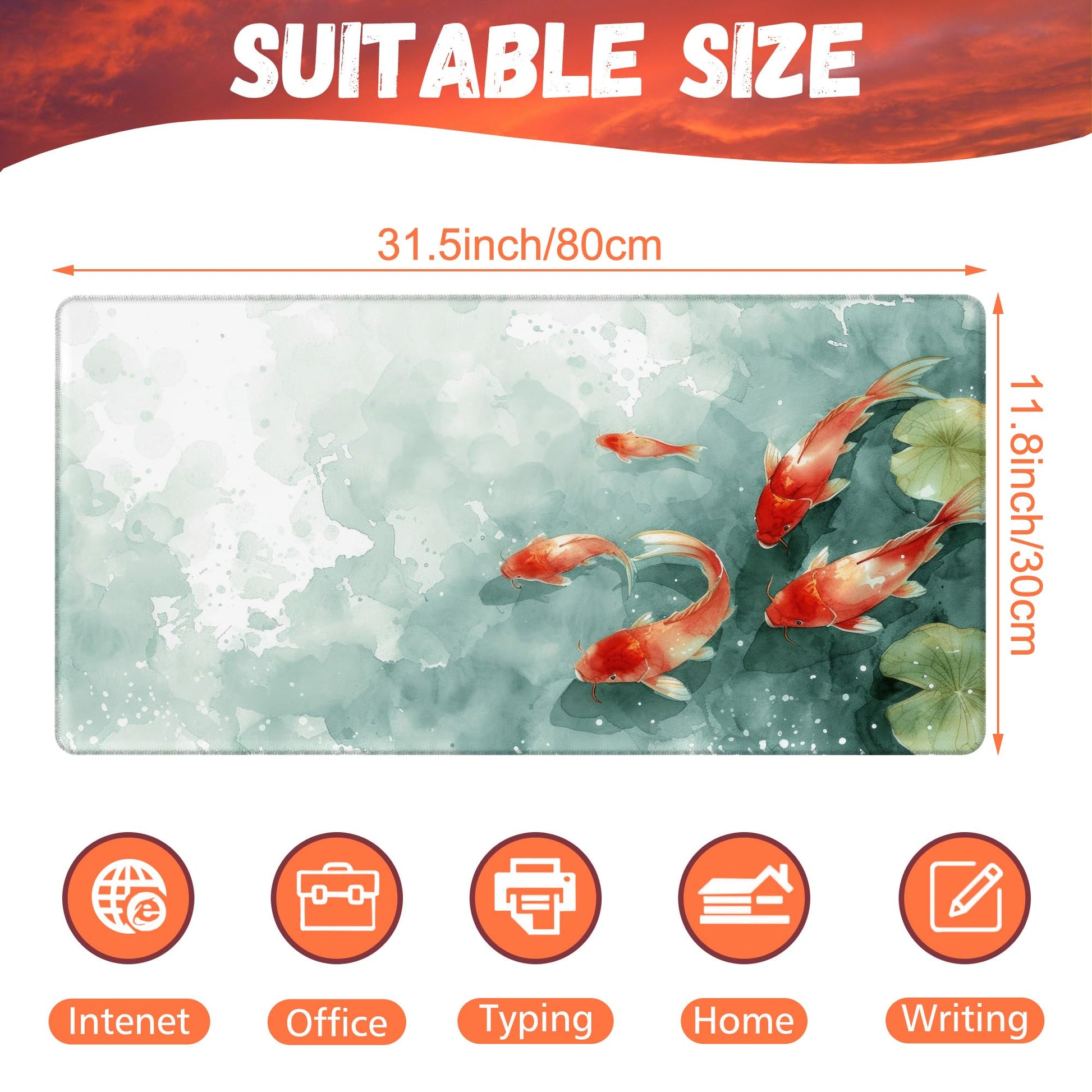 KOAIWPAE Desk Pad, Watercolor Koi Fish Desk Mat, Koi Fish in Pond Large Gaming Mouse Pad