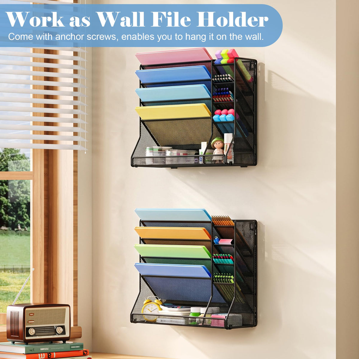 Jakyitvi Adjustable 5 Tiers Wall File Organizer Metal Hanging Holder Black