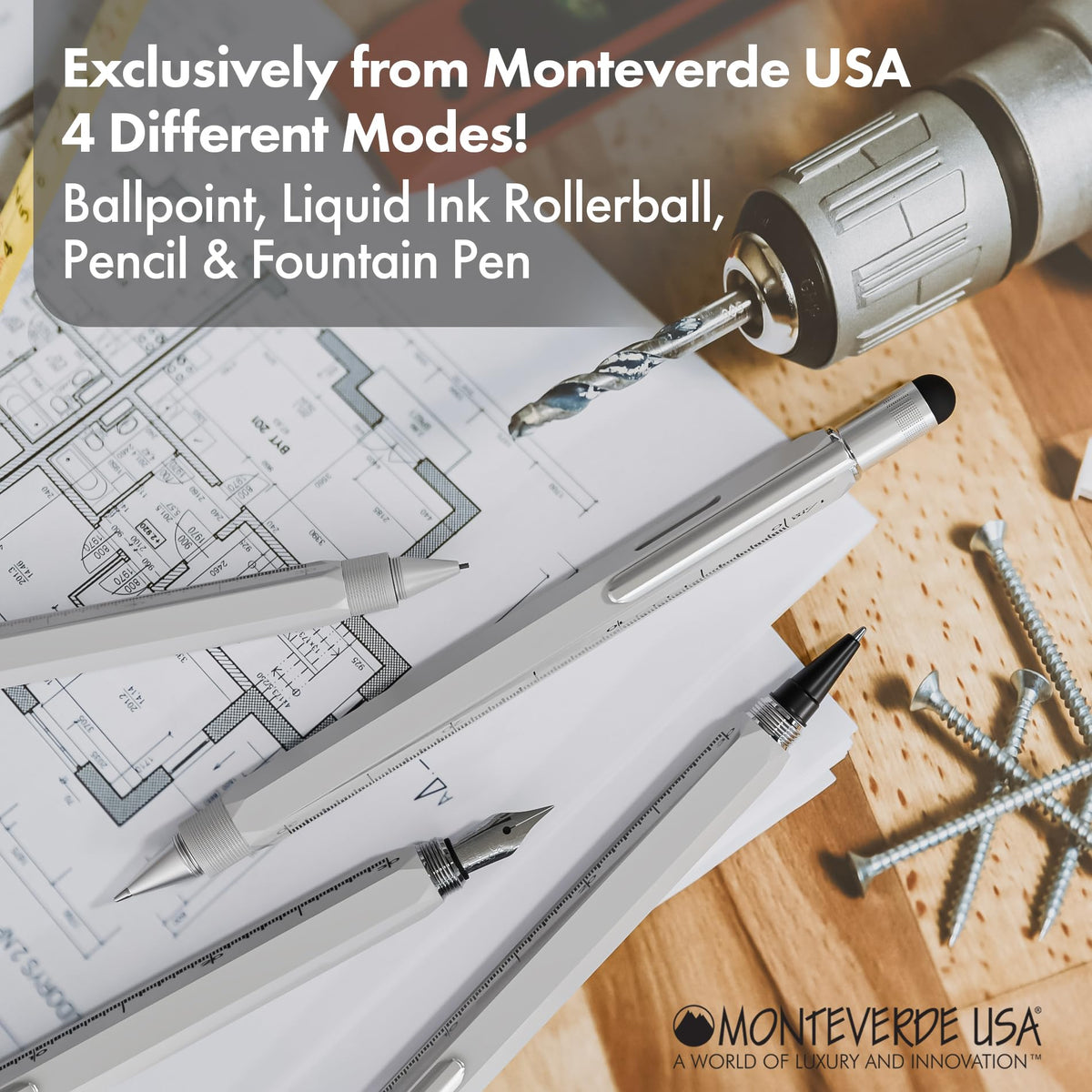 Monteverde USA 9-in-1 Tool Ballpoint Pen in Silver – Multifunctional Pen with Stylus, Screwdrivers