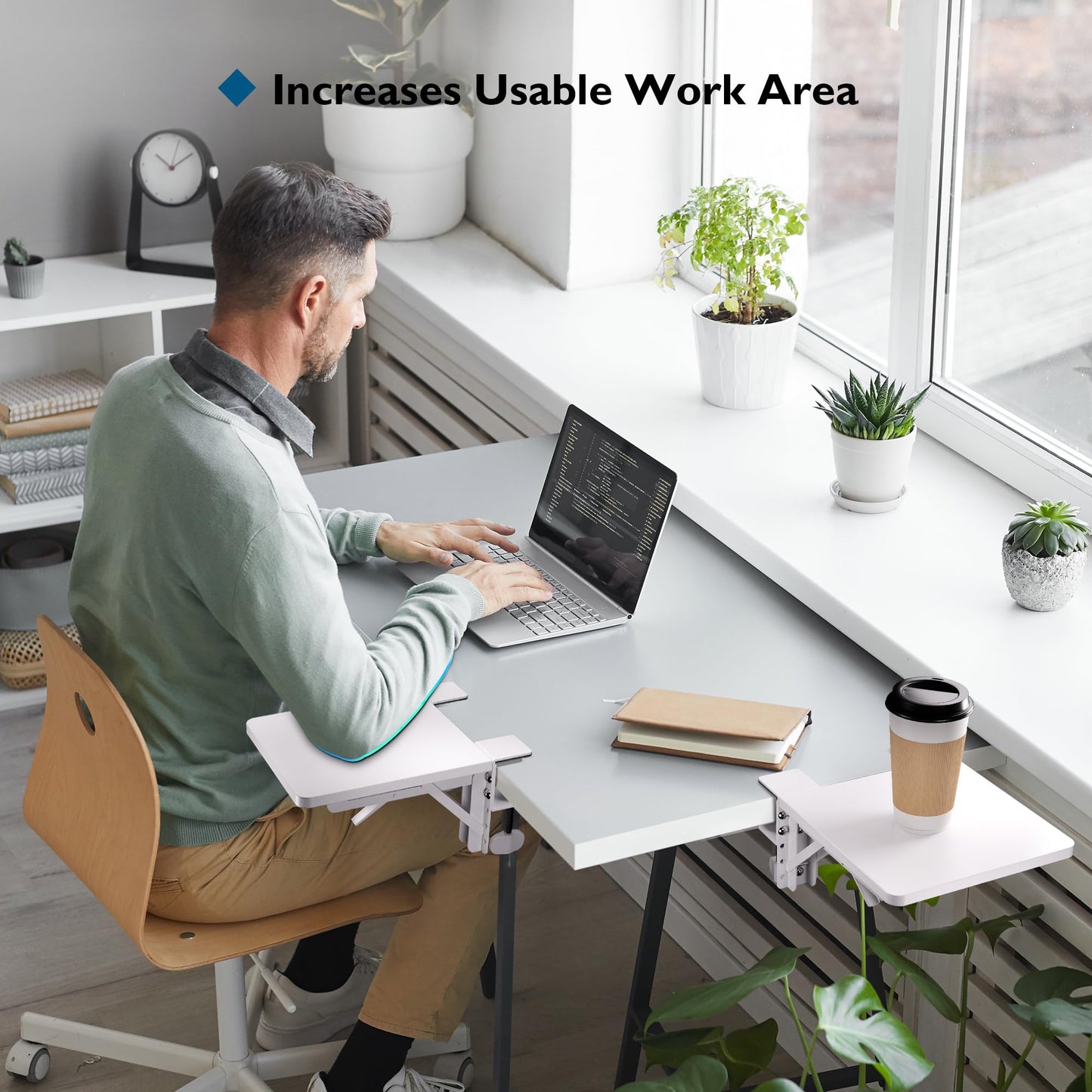 BONTEC Ergonomic Desk Extender Tray, 9.5"x9.1" Table Mount Arm Wrist Rest Shelf, 90° Foldable Elbow