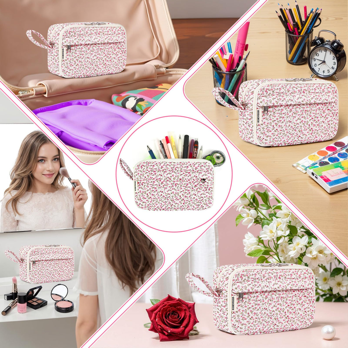 WOBAGMEN Quilted Pencil Pouch, Pink Floral, Girls Women