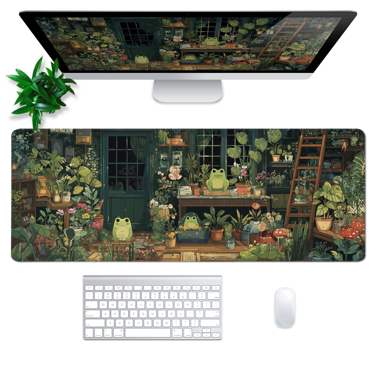 Cute Frog Kawaii Green Mouse Pad Desk Mat XL Extended Large Gaming Desk Pad Mousepad, Green Plant
