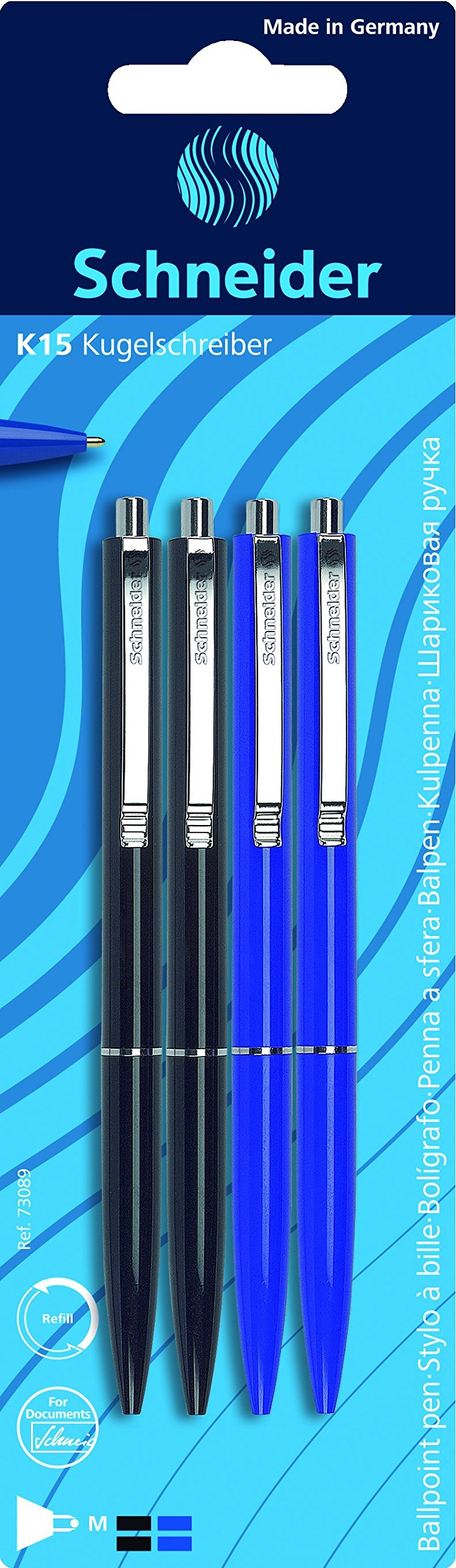 Schneider Pen, K 15 M (Medium), Blister Pack of 4, (2) Black & (2) Blue (73089)