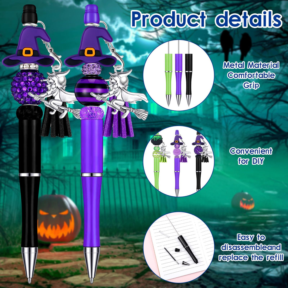 Jutom 12 Pcs Halloween Beadable Pens with Silicone Focal Beads