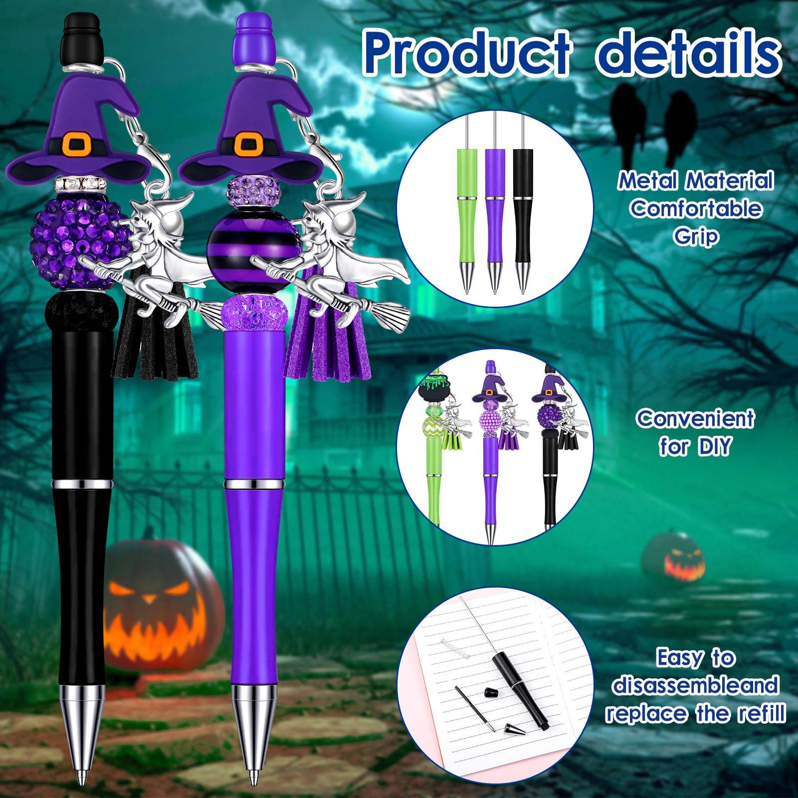 Jutom 12 Pcs Halloween Beadable Pens with Silicone Focal Beads