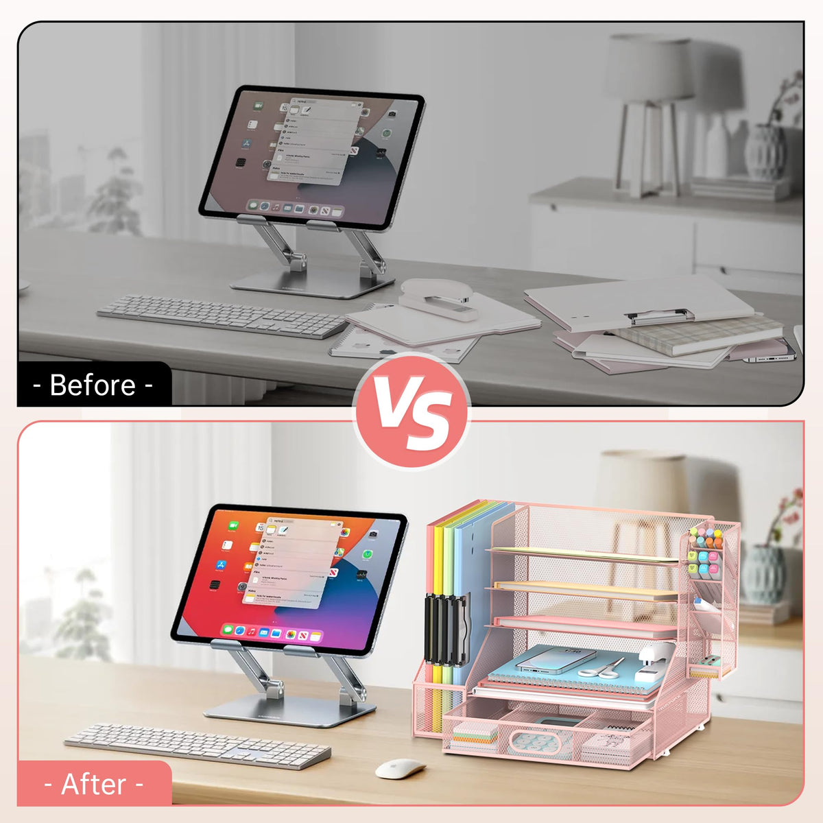 5-Tier Desk Organizer with File Holder & Pen Holder & Sliding Drawer, Pink