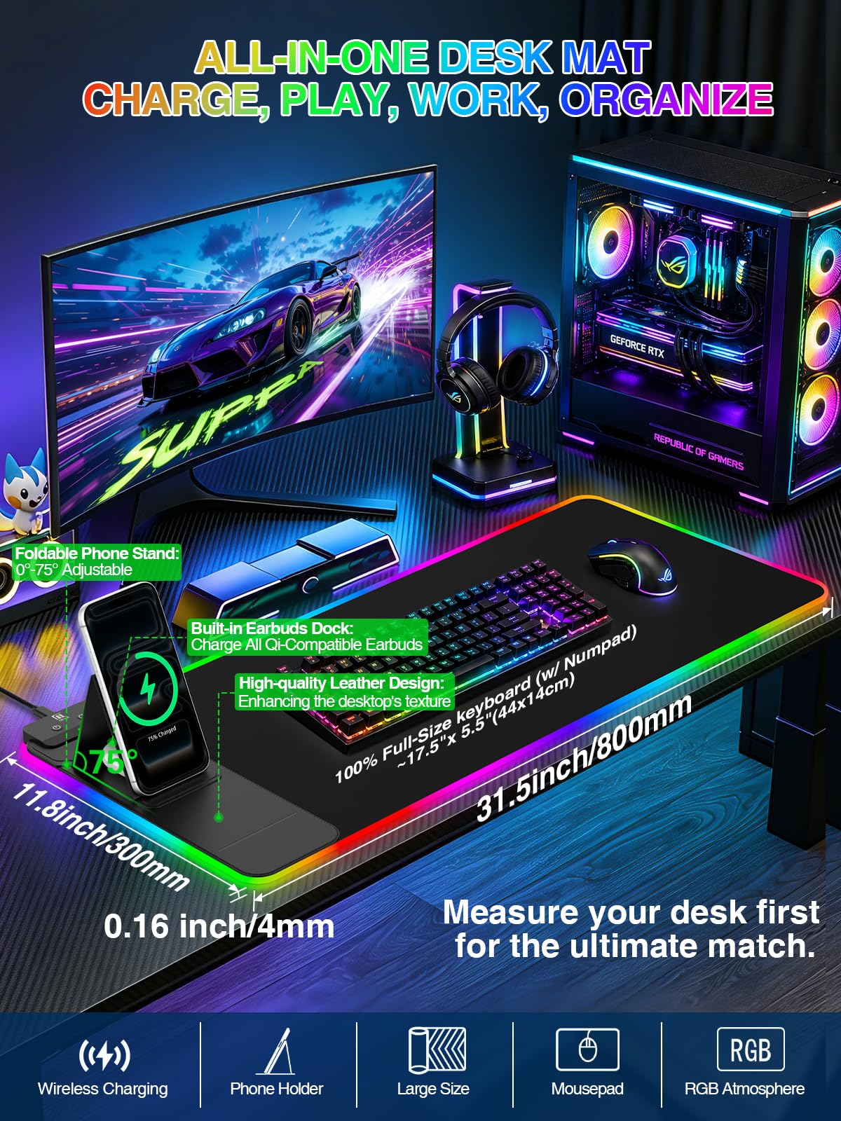 RGB Mouse Pad with Foldable Phone Stand Wireless Charger, 31.5"x11.8" XL Gaming Mousepad Large Desk