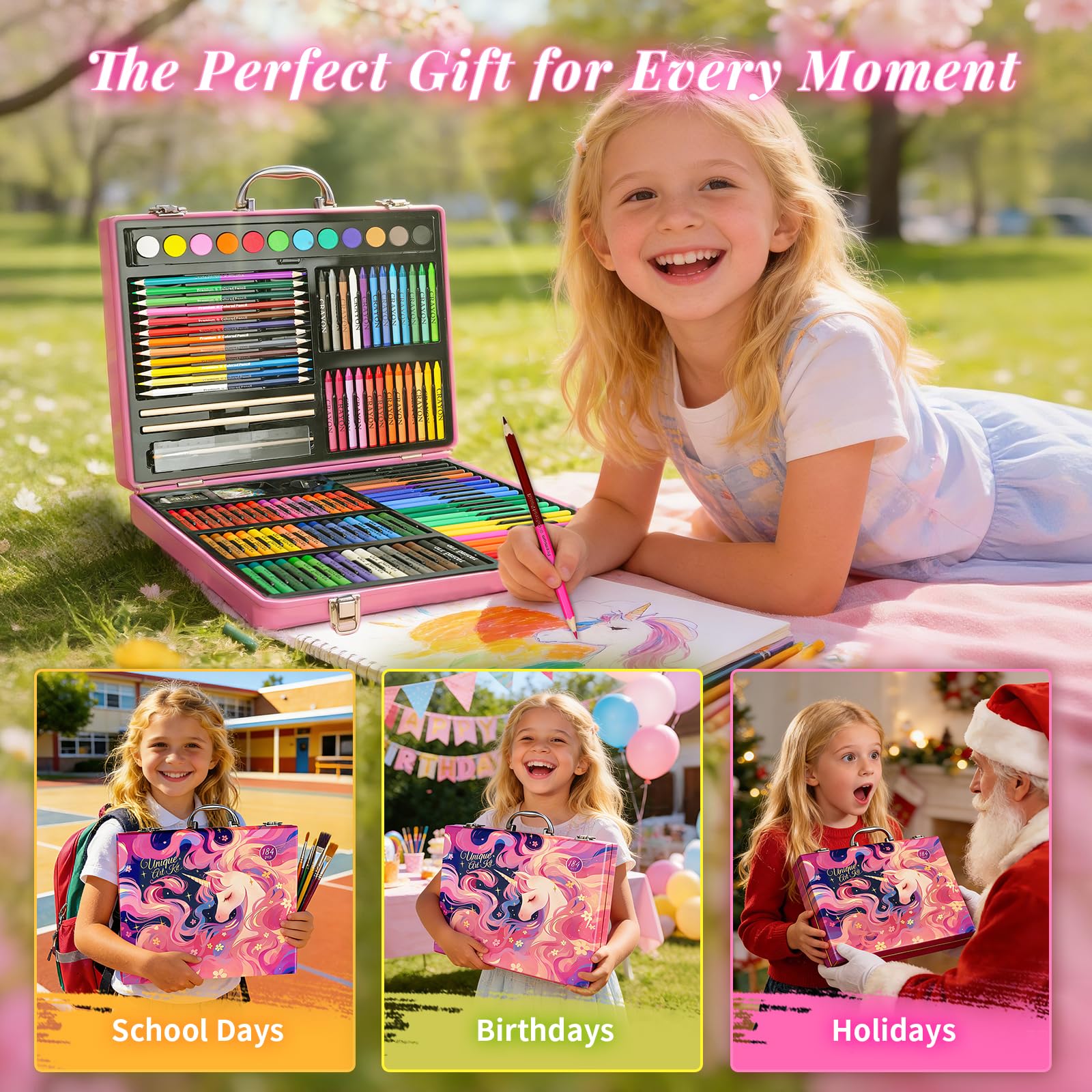 Cokiki Art Supplies for Kids 6-12, 184 Piece Unicorn Drawing Art Kit