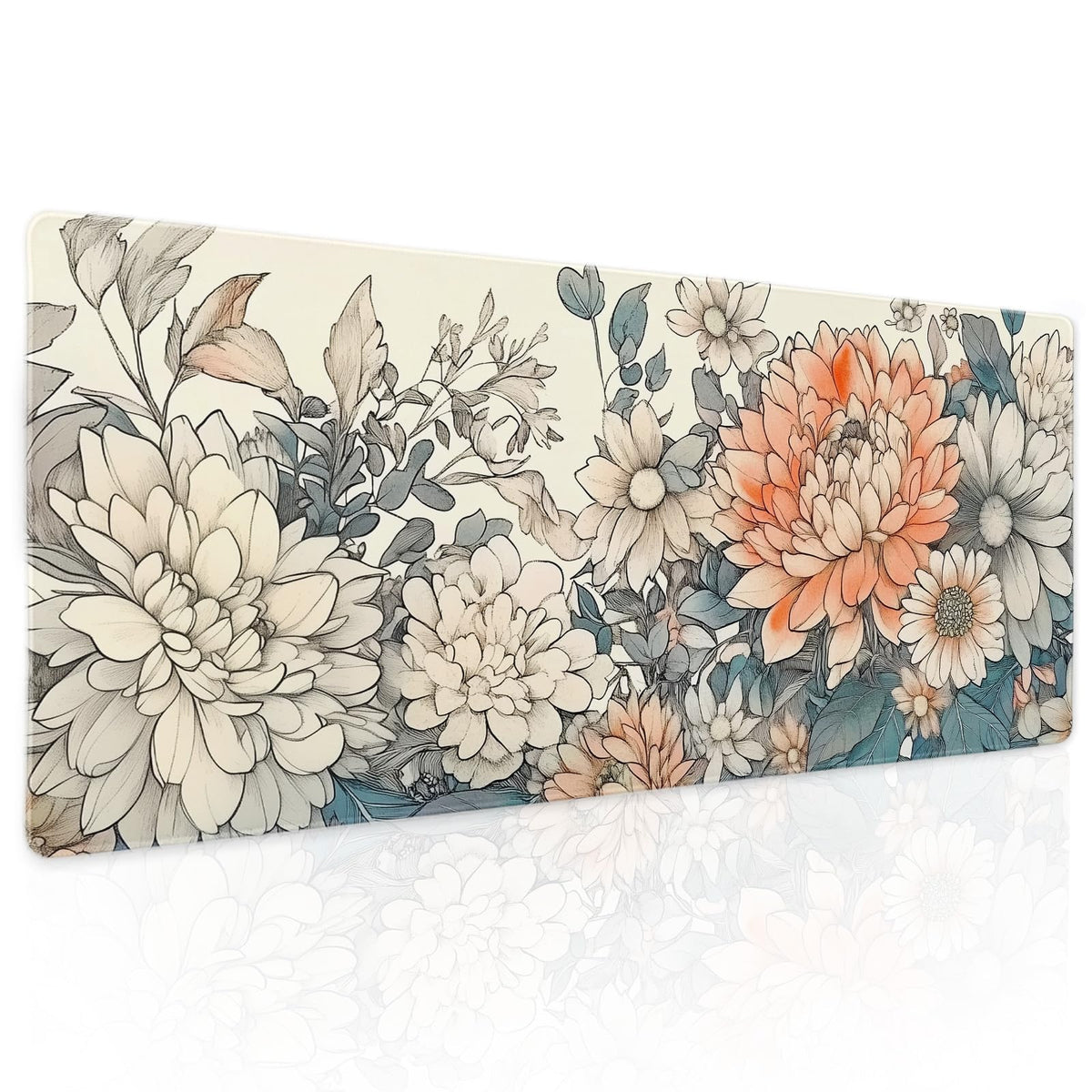 Japanese Aesthetic Floral Gaming Mouse Pad XL Vintage Orange White Flowers Extended Large Mat