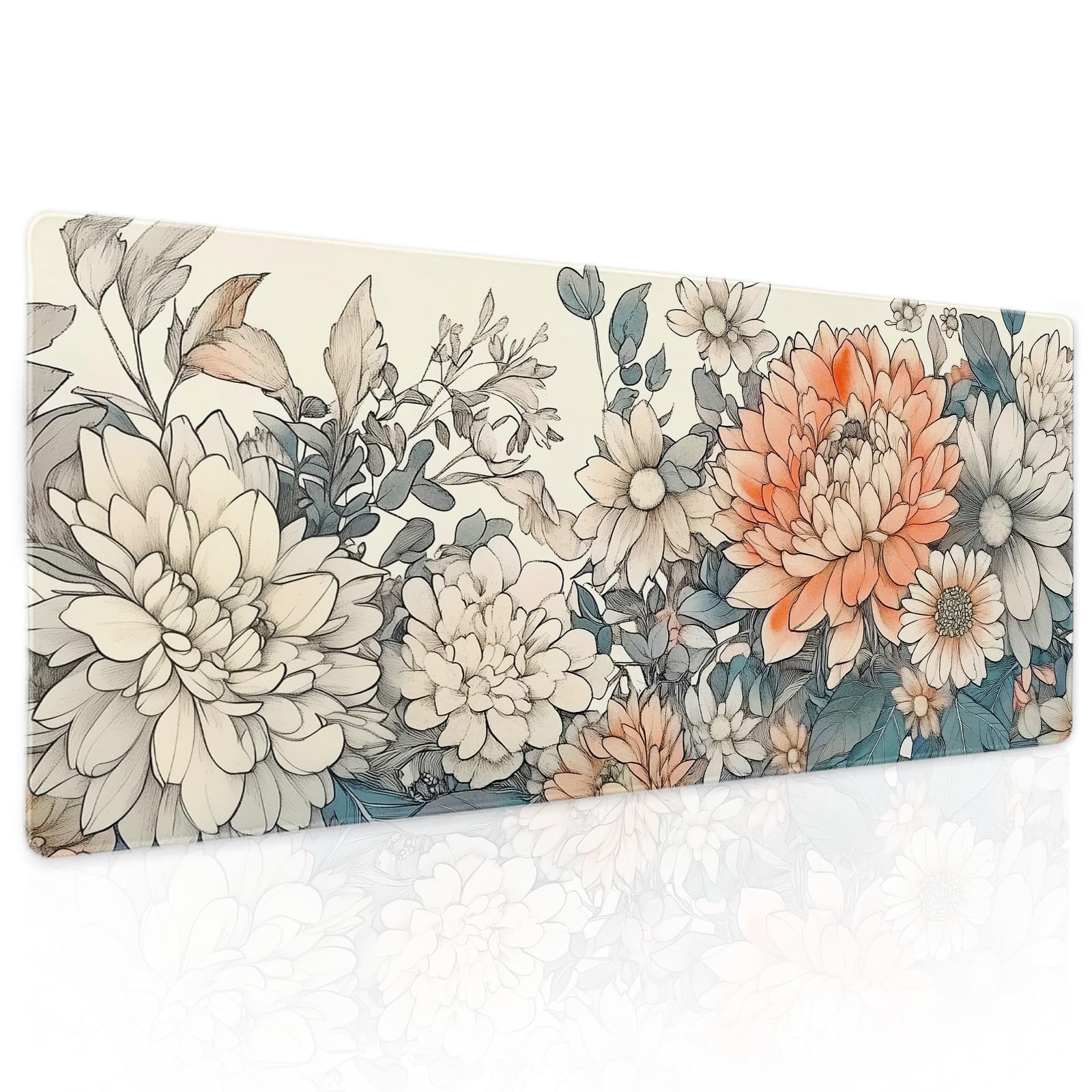 Japanese Aesthetic Floral Gaming Mouse Pad XL Vintage Orange White Flowers Extended Large Mat