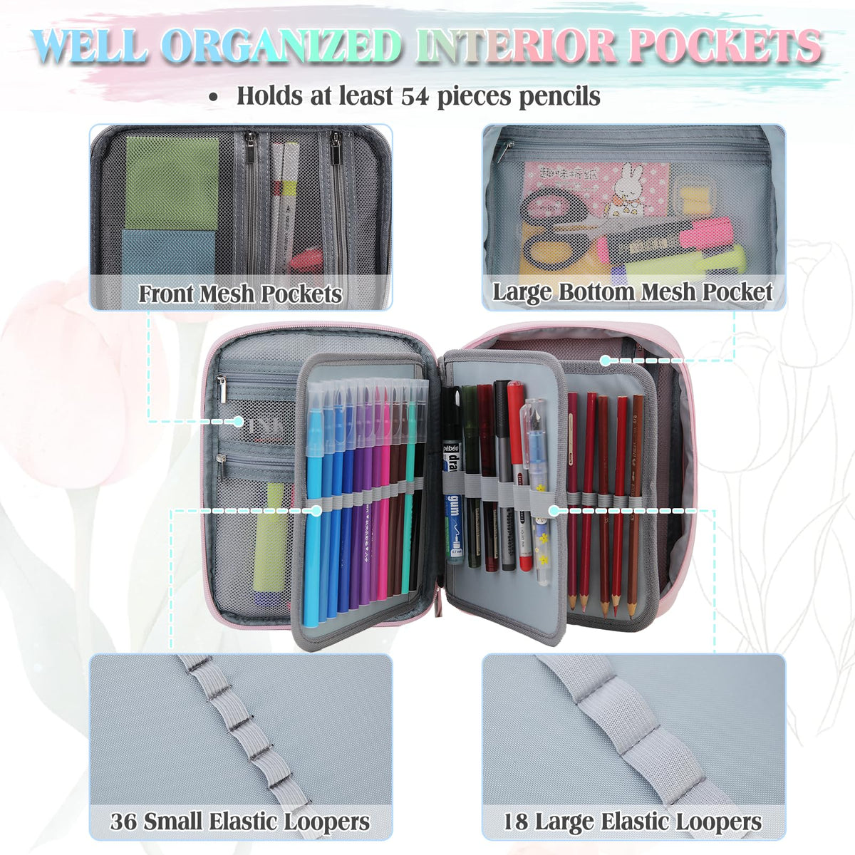 VX VONXURY Large Pencil Case, 54-Slot Colored Pen Pouch 2 Removable Sleeves