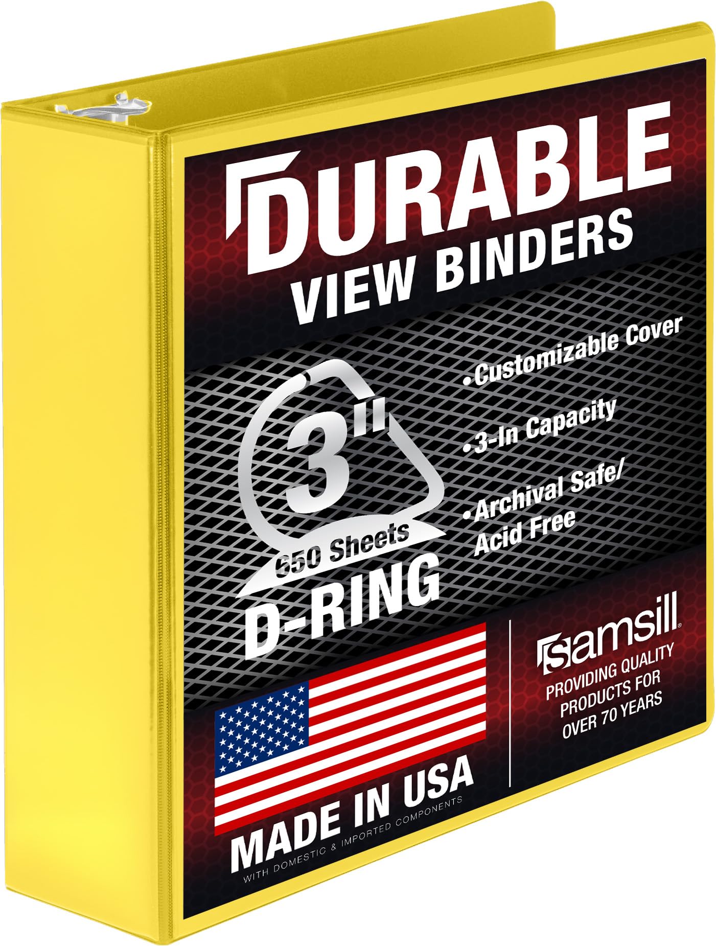 Samsill Durable 3 inch 3 Ring Binder, D Ring Binder, 100% Recycled Chipboard, Yellow