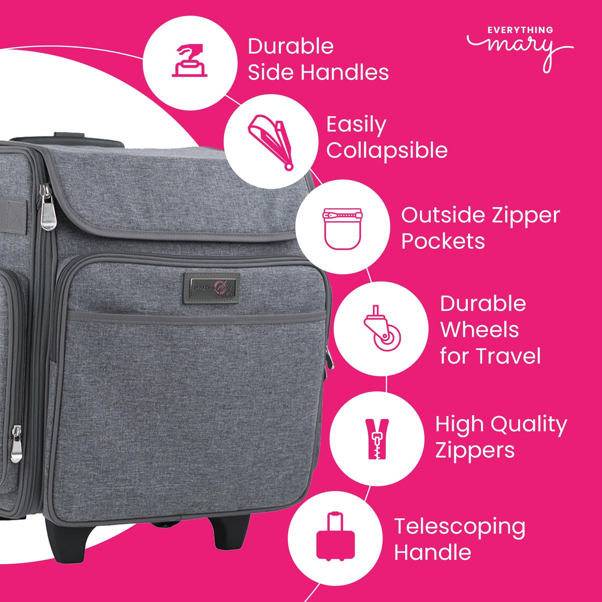 Everything Mary Rolling Scrapbook Tote – Heather Grey Craft Bag with Wheels – Organizer Case for